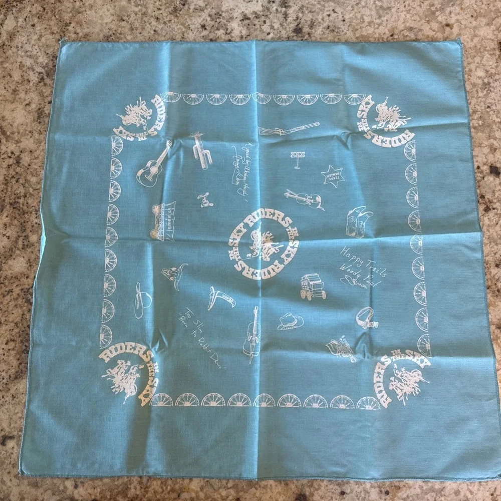 Vtg Riders In The Sky Western Bandana Turquoise White Cowboy Rodeo Handkerchief